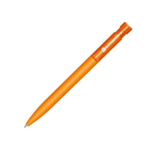 Orange plastic ballpoint pen with push mechanism and soft-touch finish.