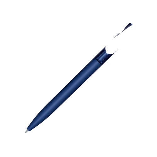 Dark blue ballpoint pen with push mechanism and metal elements.