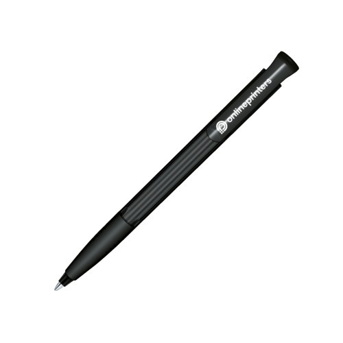 Transparent plastic ballpoint pen with push button and soft grip.