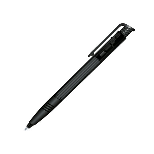 Black plastic ballpoint pen with push mechanism and soft grip.