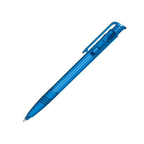 Blue plastic ballpoint pen with push mechanism and clip.