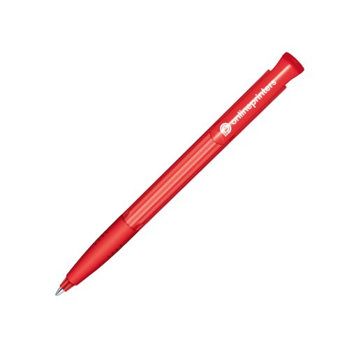 Red plastic ballpoint pen with push mechanism and soft grip.