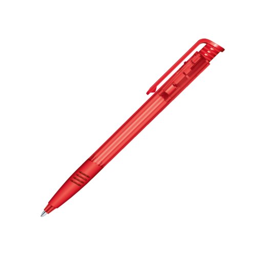 Red plastic ballpoint pen with clip and push-button mechanism.