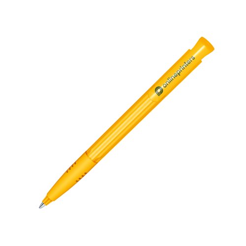 Yellow plastic ballpoint pen with push button and soft grip.