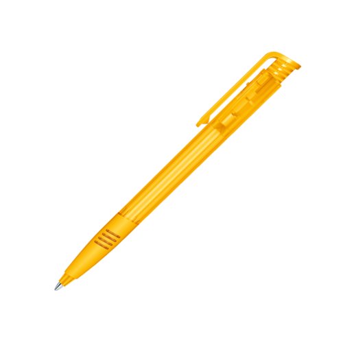 Yellow plastic ballpoint pen with clip and push-button mechanism.