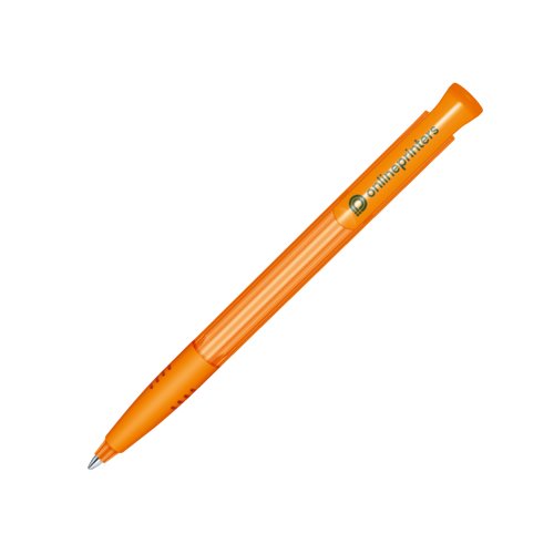 Orange plastic ballpoint pen with push mechanism and soft grip.