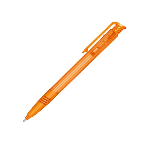 Orange plastic ballpoint pen with push mechanism and clip.