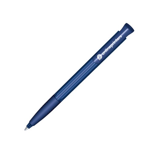 Dark blue plastic ballpoint pen with push button and soft grip.