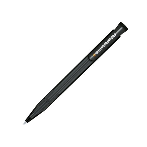 Black, frosted ballpoint pen with clip and push mechanism.
