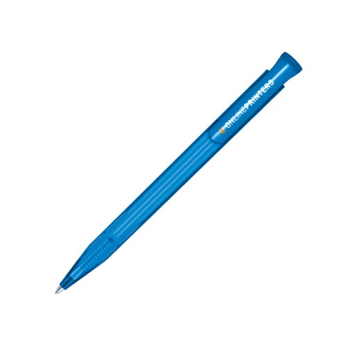 Blue plastic ballpoint pen with push button.