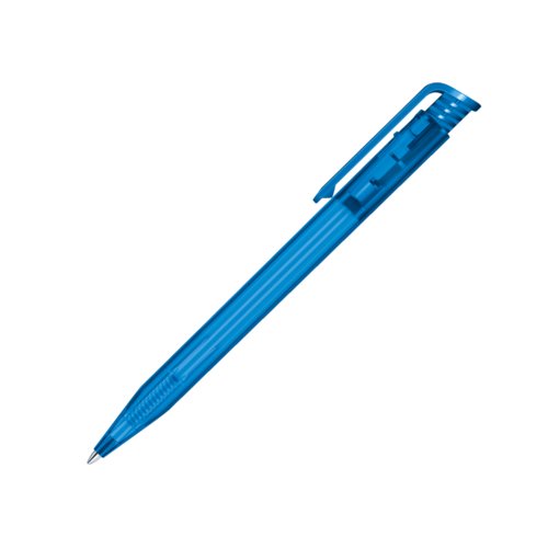 Blue plastic ballpoint pen with clip and push mechanism.