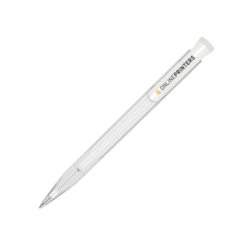 White plastic ballpoint pen with push mechanism.