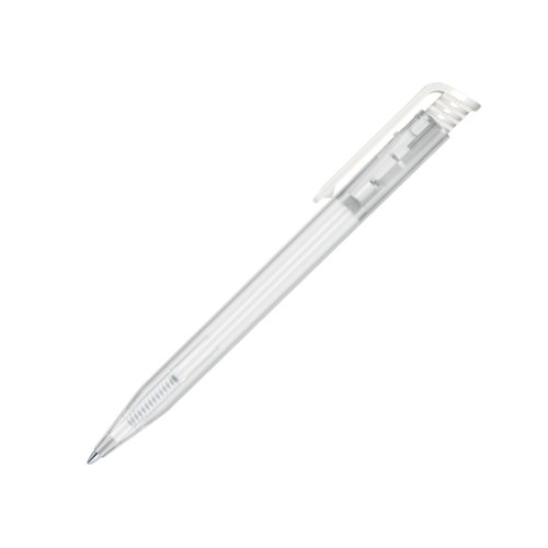 White frosted plastic ballpoint pen with clip and push mechanism.