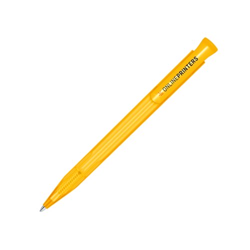 Yellow plastic ballpoint pen with push button and clip.