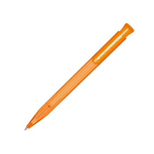 Orange plastic ballpoint pen with push mechanism.