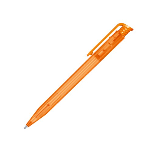 Orange plastic ballpoint pen with push button and clip.