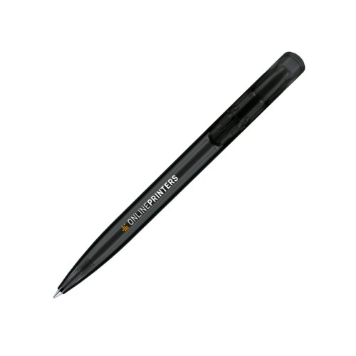 Frosted ballpoint pen with push mechanism and clip.
