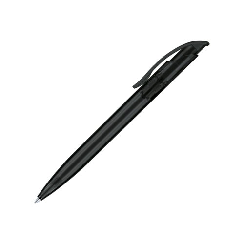 Black plastic ballpoint pen with push button and clip.