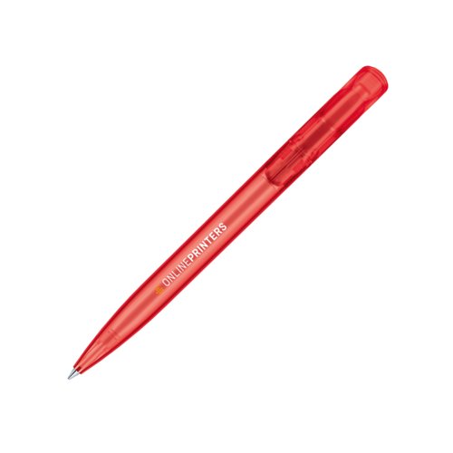 Red, translucent plastic ballpoint pen with push mechanism.