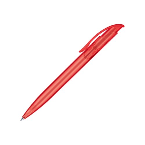 Red frosted plastic ballpoint pen with clip and push mechanism.