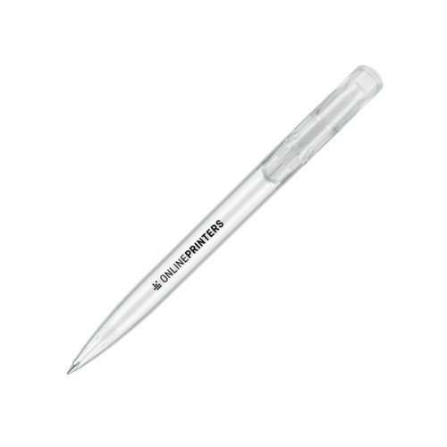 White plastic ballpoint pen with push mechanism and clip.