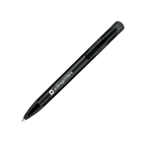 Clear ballpoint pen with soft grip and push mechanism.