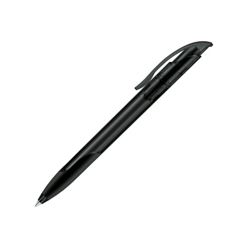 Black plastic push ballpoint pen with soft grip.