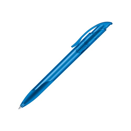 Blue plastic ballpoint pen with soft grip and clip.