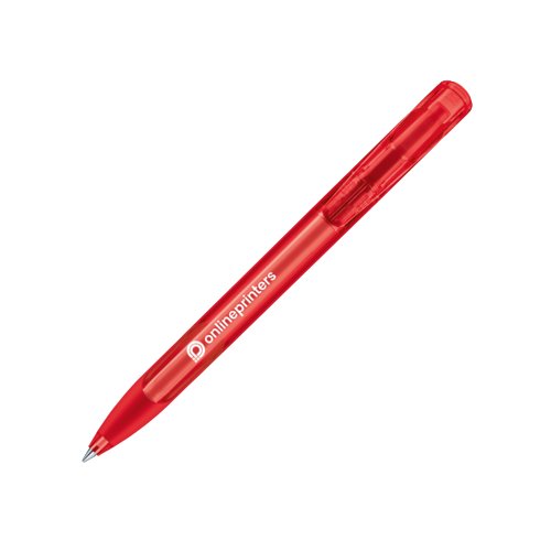 Red plastic ballpoint pen with push button and soft grip.