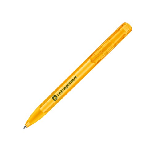 Yellow plastic ballpoint pen with push button and soft grip.