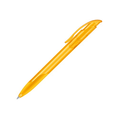Yellow plastic ballpoint pen with soft grip and clip.
