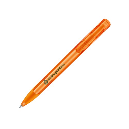 Orange plastic ballpoint pen with push button and soft grip.