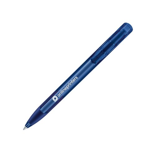 Dark blue plastic ballpoint pen with push mechanism and soft grip.