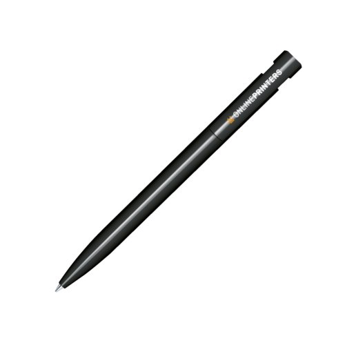 Black plastic ballpoint pen with polished finish and push mechanism.