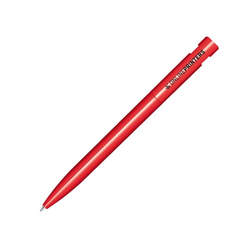 Red plastic ballpoint pen with glossy finish and push mechanism.