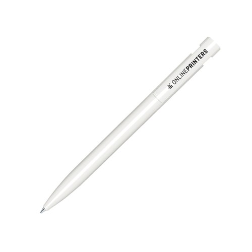 White plastic ballpoint pen with polished finish and push mechanism.