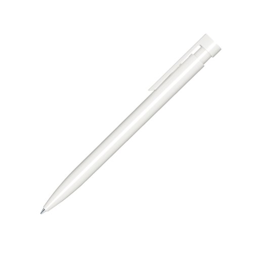 White plastic ballpoint pen with polished finish and clip.