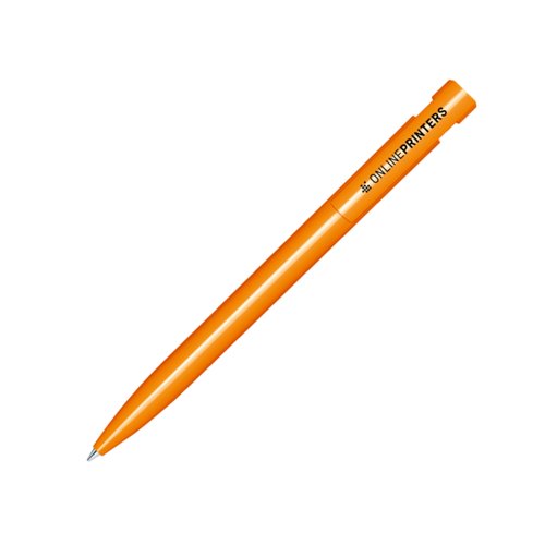 Orange plastic ballpoint pen with polished finish and push mechanism.