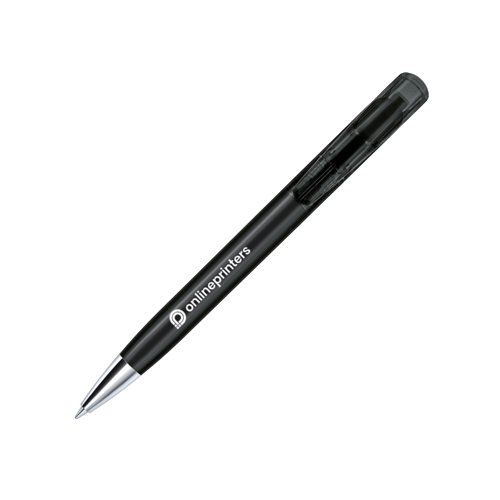 Clear plastic ballpoint pen with metal elements and push mechanism.