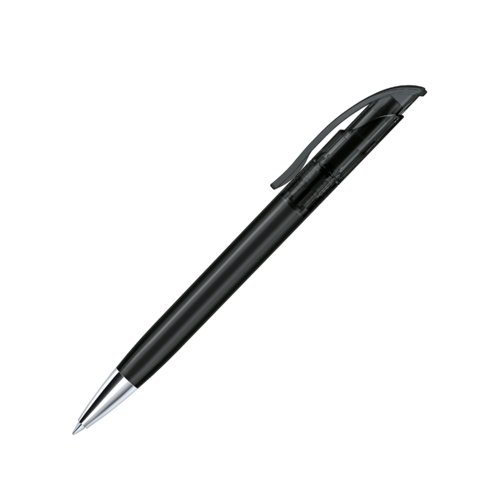 Black plastic ballpoint pen with metal elements and clip.