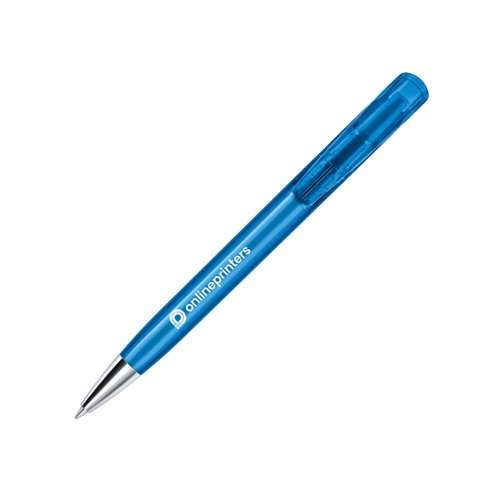 Blue plastic ballpoint pen with metal elements and push mechanism.