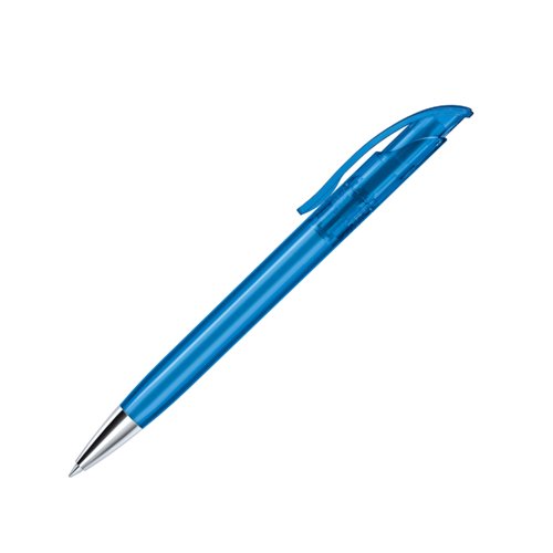 Blue plastic ballpoint pen with metal elements and clip.