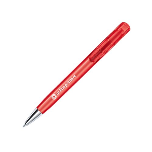 Red plastic ballpoint pen with metal tip and push mechanism.