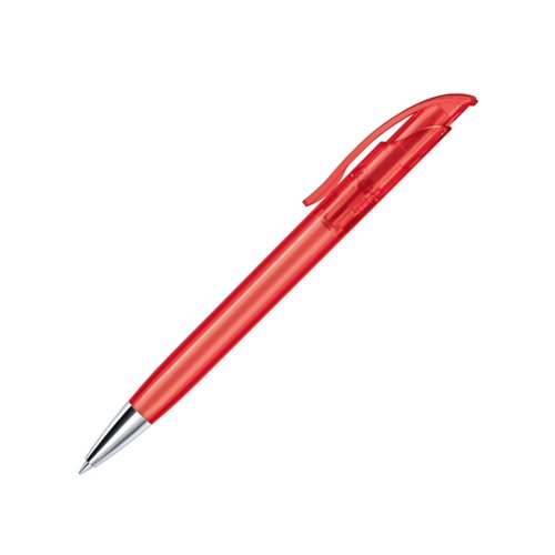Red plastic ballpoint pen with metal tip and clip.