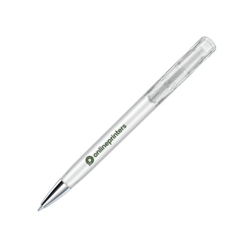 White plastic ballpoint pen with metal elements and push mechanism.