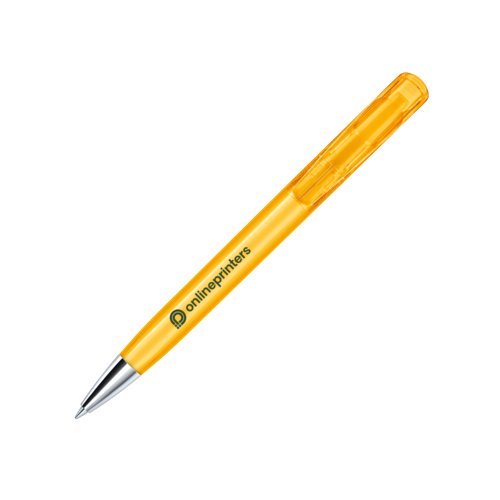 Yellow plastic ballpoint pen with metal tip and push mechanism.