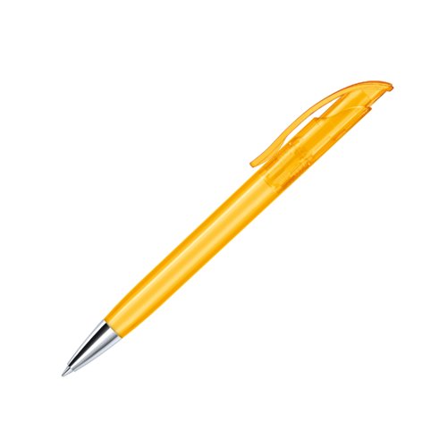 Yellow plastic ballpoint pen with metal elements and clip.