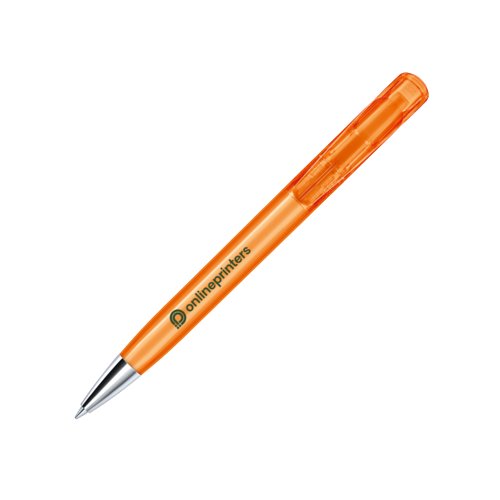 Orange plastic ballpoint pen with metal elements and push mechanism.