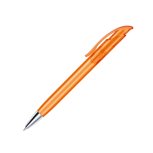 Orange plastic ballpoint pen with metal tip and clip.