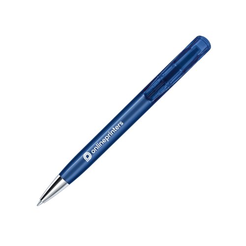 Dark blue plastic ballpoint pen with metal tip and push button.